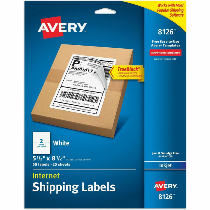 Avery&reg; White Rectangle LabelsTrueBlock&reg;, 8½" x 5½" , for Laser and Inkjet Printers - 5 1/2" (139.70 mm) Width x 8 1/2" (215.90 mm) Length - Permanent Adhesive - Rectangle - Inkjet - Matte - White - Paper - 2 / Sheet - 25 Total Sheets - 50 Total La