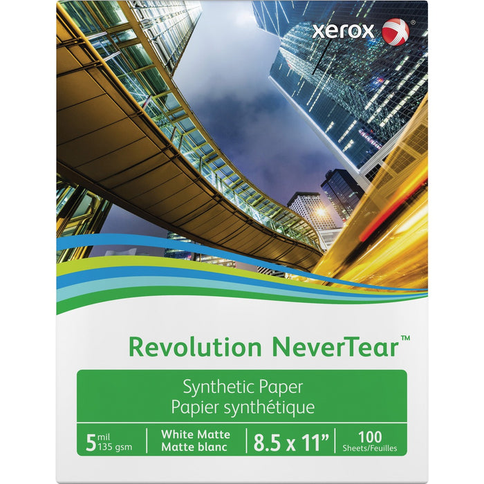 Xerox Revolution NeverTear Synthetic Paper - White - 94 Brightness - Letter - 8 1/2" (215.90 mm) x 11" (279.40 mm) - 135 g/m² Grammage - Matte - Weather Resistant, Chemical Resistant - White - 100 / Pack