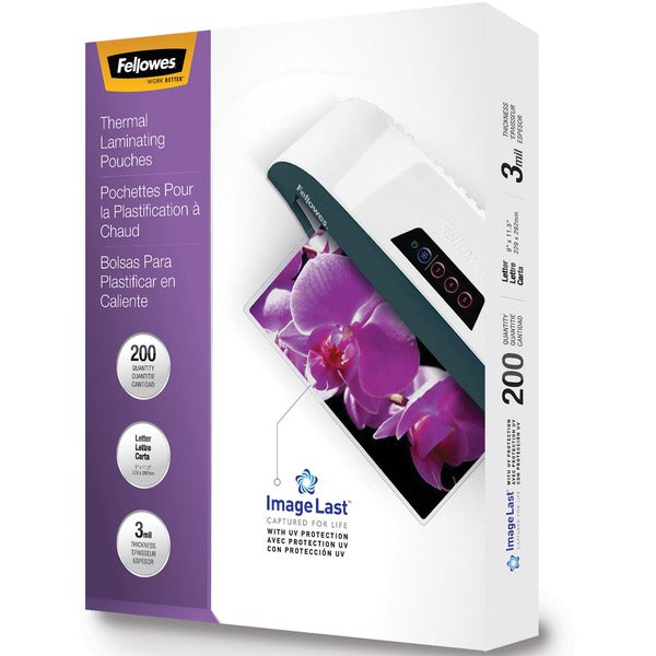 Fellowes ImageLast Jam-Free Thermal Laminating Pouches - Laminating Pouch/Sheet Size: 9" (228.60 mm) Width x 3 mil (0.08 mm) Thickness - Durable, UV Resistant, Fade Resistant, Water Resistant, Jam-free, Photo-safe, Dry Erase Friendly - Clear - 200 / Pack