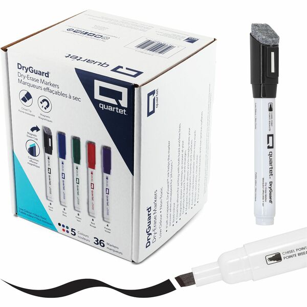 Chisel Tip Dry-Erase Marker - Quartet DryGuard Dry Erase Markers, Whiteboard Markers, Low Odour Ink, Chisel Tip, Assorted Colours, Magnetic Cap with Built-in Eraser, 36 Count