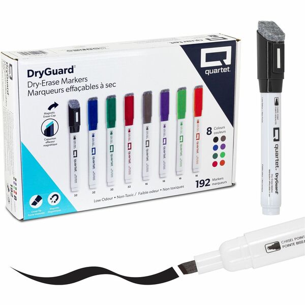 Chisel Tip Dry-Erase Marker - Quartet DryGuard Dry Erase Markers, Whiteboard Markers, Low Odour Ink, Chisel Tip, Assorted Colours, Magnetic Cap with Built-in Eraser, 192 Count