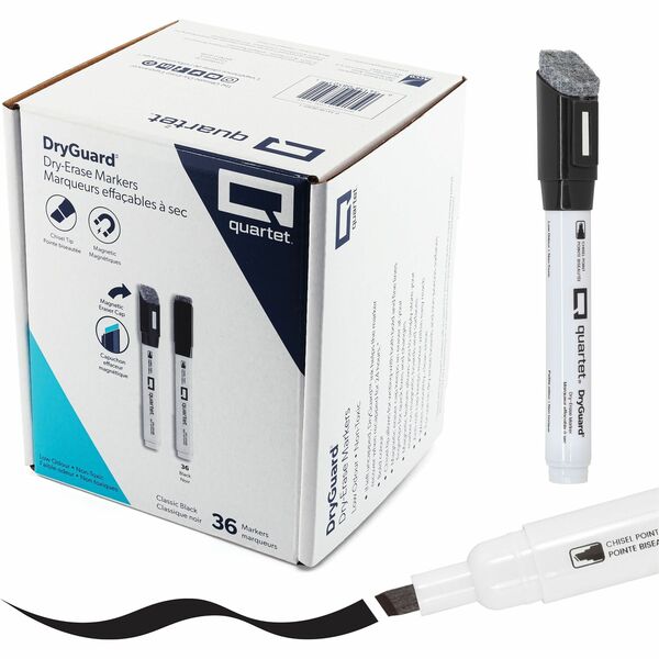 Chisel Tip Dry-Erase Marker - Quartet DryGuard Dry Erase Markers, Whiteboard Markers, Low Odour Ink, Chisel Tip, Black, Magnetic Cap with Built-in Eraser, 36 Count