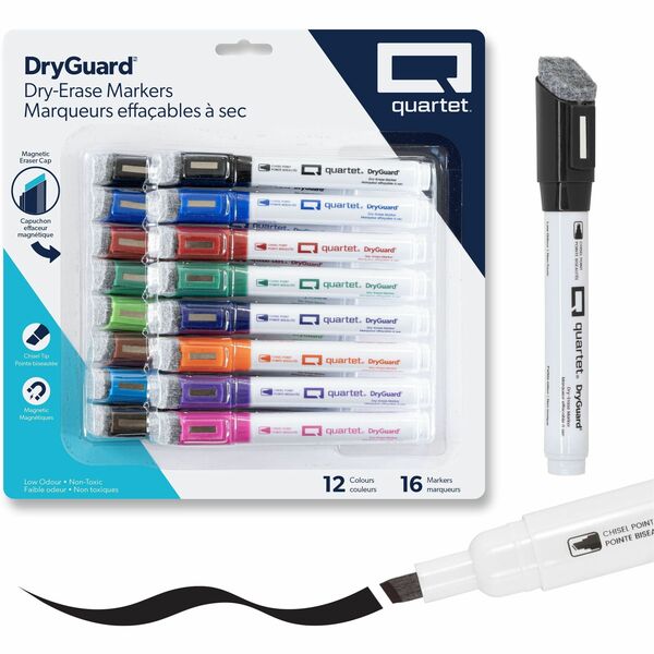 Chisel Tip Dry-Erase Marker - Quartet DryGuard Dry Erase Markers, Whiteboard Markers, Low Odour Ink, Chisel Tip, Assorted Colours, Magnetic Cap with Built-in Eraser, 16 Count