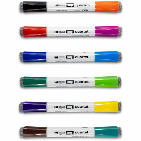 Quartet Magnetic Double Ended Dry-Erase Markers with Erasers 6/PK ASST Cols - Fine Marker Point - Erasable - Assorted Ink - Dry - 6 / Pack
