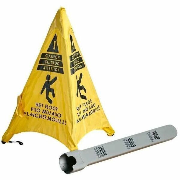 M2 Professional 20" Safety Pop-Up Sign - French, English, Spanish - Collapsible, Durable, Portable - Commercial, Industrial, Indoor, Outdoor, Safety, Public Space, Warehouse - Polyester, Plastic, Fabric - Bright Yellow, Gray - 1 / Each