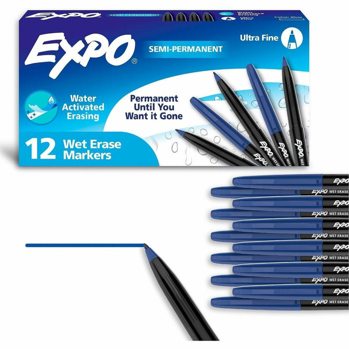 Expo Wet Erase Markers, Ultra Fine Tip - Erasable - Blue Ink - Glass, Calendar, Home, Office - 1 / Piece