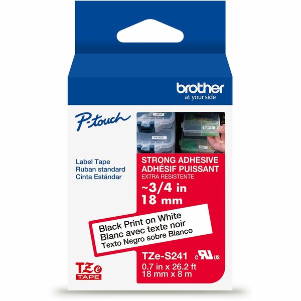 Brother Genuine P-touch TZeS241 BK on WHT Label Tape, Strong Adhesive Lam., 18mmX8m - 45/64" (18 mm) Width - White - Laminated - Water Resistant - Durable, Abrasion Resistant, Chemical Resistant, Grease Resistant, Grime Resistant, Temperature Resistant, F