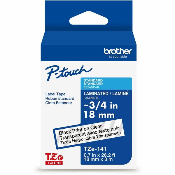 Brother Genuine P-touch TZe141 BK on CLR Label Tape, Laminated, 18mmX8m - 45/64" (18 mm) Width - Clear - Laminated - Water Resistant - Durable, Abrasion Resistant, Chemical Resistant, Grease Resistant, Grime Resistant, Temperature Resistant, Fade Resistan