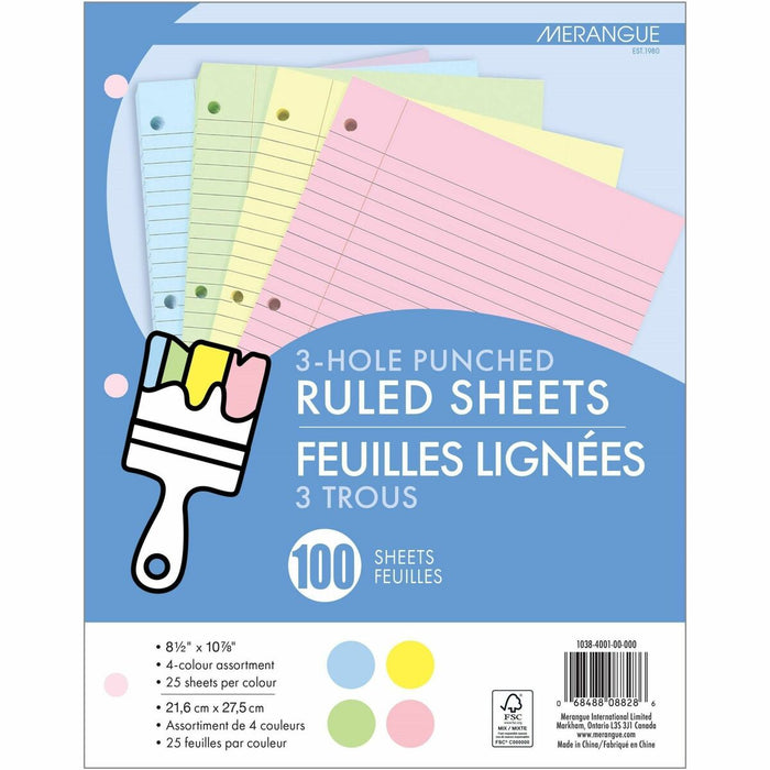 Merangue 100 Sheet Coloured Refill Paper - 3-Hole Punched - 8 1/2" (215.90 mm) x 10 7/8" (276.22 mm) - Ruled - Pink, Yellow, Blue, Green - 100 Sheets - 1 Each