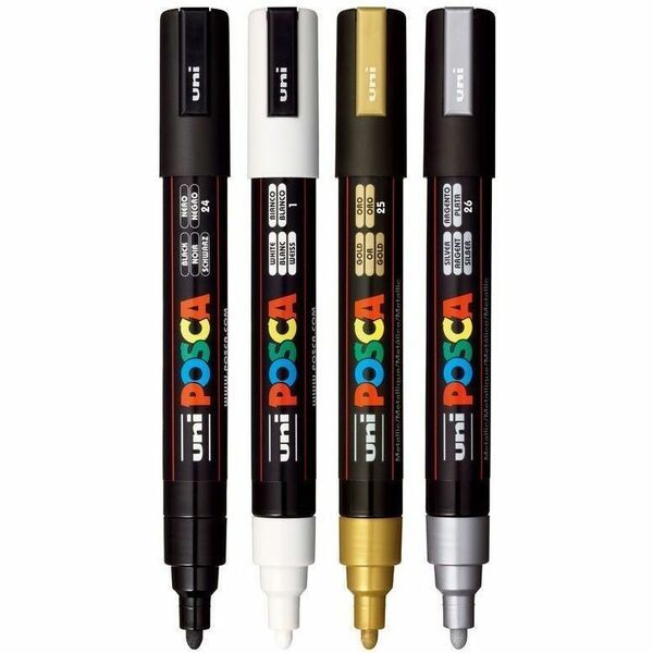 uniball™ POSCA PC-5M, Water-Based Paint Markers (4 Pack) - 2.5 mm (0.10") Medium Bullet Marker Point - Erasable - Washable - Black, White, Gold, Silver Ink - Water Based, Pigment-based - 4 Pack