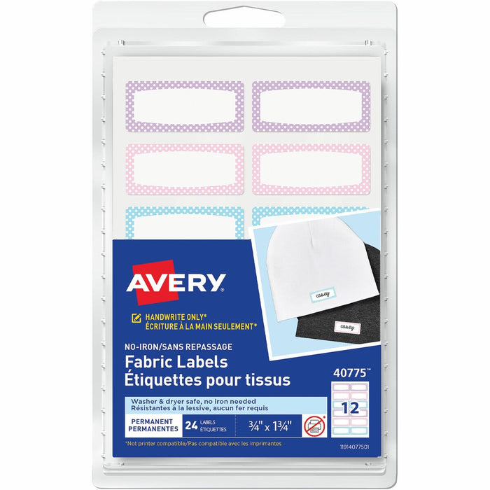 No-Iron Fabric Name Labels, Soft Pastels Preprinted Borders, Handwrite, 3/4" x 1-3/4" - - HeightPermanent Adhesive - Rectangle - White - Nylon Cloth - 12 / Sheet