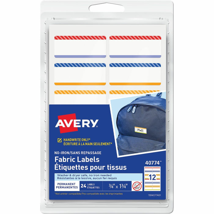 No-Iron Fabric Name Labels, Playful Stripes Preprinted Borders, Handwrite, 3/4" x 1-3/4" - - HeightPermanent Adhesive - Rectangle - White - Nylon Cloth - 12 / Sheet