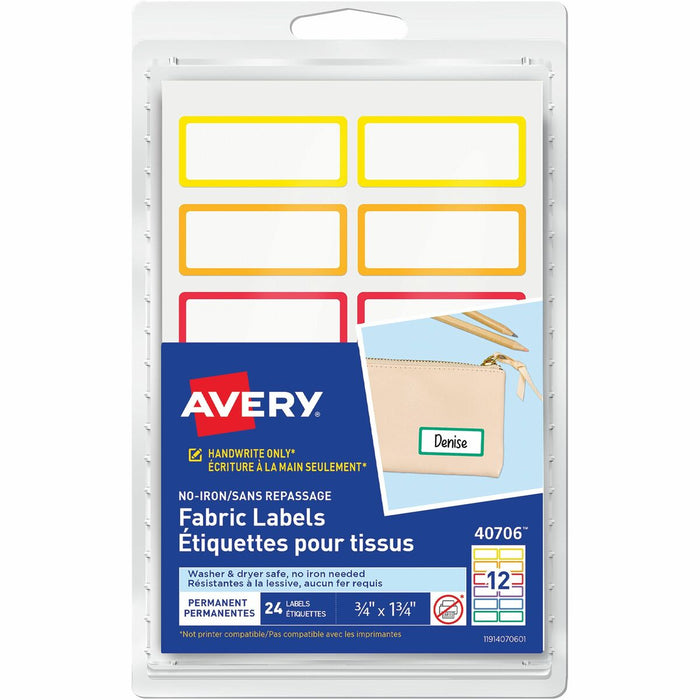 No-Iron Fabric Name Labels, Rainbow Borders Preprinted Borders, Handwrite, 3/4" x 1-3/4" - - HeightPermanent Adhesive - Rectangle - White - Nylon Cloth - 12 / Sheet