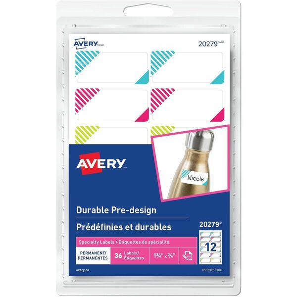 Avery Durable Pre-Design Labels Template for Laser and Inkjet Printers, 1¾" x ¾" - 1 3/4" (44.45 mm) Width x 1 3/4" (44.45 mm) Length - Permanent Adhesive - Laser, Inkjet - Assorted - Durable, Customizable - 36 / Pack