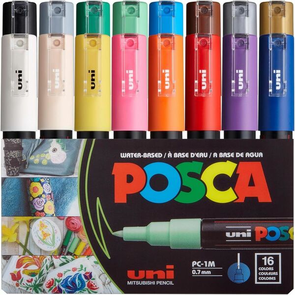 uniball&trade; POSCA PC-1M, Water-Based Paint Markers, (16 Pack) - 0.7 mm (0.03") Fine Bullet Marker Point - Erasable - Assorted Ink - Water Based - 16 Each