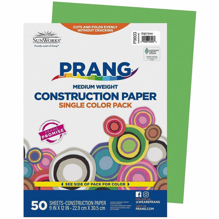 Prang Construction Paper, Bright Green, 9" x 12" , 50 Sheets - Construction, School Project, Art, Craft - 9" (228.60 mm) x 12" (304.80 mm) - Textured - Bright Green - Groundwood - 50 Sheet