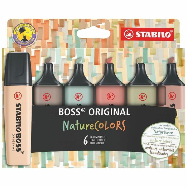 Quo Vadis STABILO BOSS Original NatureCOLORS x6 - Chisel Marker Point - Sienna, Warm Gray, Beige, Mud Green, Umber, Eucalyptus Ink - Water Based - 6 / Pack