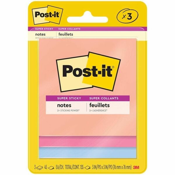 Post-it&reg; Summer Joy Adhesive Note - 3" (76.20 mm) Flag/Note Width x 3" (76.20 mm) Flag/Note Length - Square - 45 Sheets per Pad - Assorted - Super Sticky, Repositionable, Recyclable, Removable, Self-adhesive - 3 / Pack