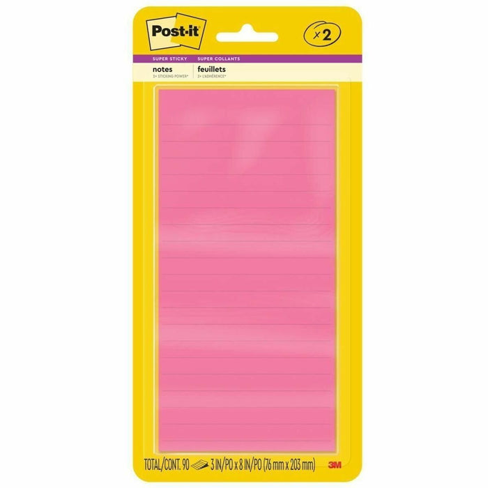 Post-it&reg; Super Sticky Adhesive Note - 3" (76.20 mm) Flag/Note Width x 8" (203.20 mm) Flag/Note Length - 45 Sheets per Pad - Pink - Super Sticky, Repositionable, Recyclable, Removable, Self-adhesive - 2 / Pack