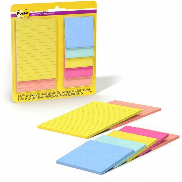 Post-it&reg; Adhesive Note - 3" (76.20 mm) Flag/Note Width x 3" (76.20 mm) Flag/Note Length, 4" (101.60 mm) Flag/Note Width x 6" (152.40 mm) Flag/Note Length - 45 Sheets per Pad - Assorted - Super Sticky - No - 1 Each