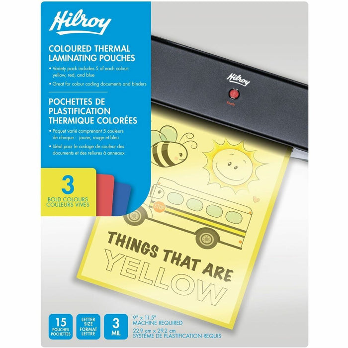 Hilroy Laminating Pouch - Sheet Size Supported: Letter 8.50" (215.90 mm) Width x 11" (279.40 mm) Length - Laminating Pouch/Sheet Size: 9" (228.60 mm) Length x 3 mil (0.08 mm) Thickness - for Document, Binder, Laminator - Yellow, Blue, Red - 15 / Pack