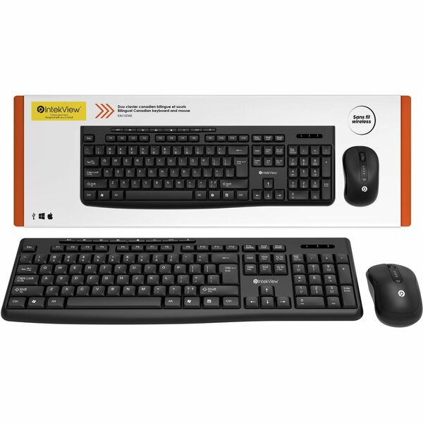 IntekView Wireless Bilingual Keyboard and Mouse kit - USB Wireless RF 2.40 GHz Keyboard - French (Canada), Bilingual - Black - USB Wireless RF - 1600 dpi - Scroll Wheel - Black - Multimedia, Mute, Volume Up, Volume Down, My Computer, Email, Power, Calcula