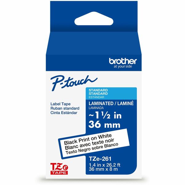 Brother Genuine P-touch TZe261 BK on WHT Label Tape, Laminated, 36mmX8m - 1 27/64" (36 mm) Width - White - Laminated - Water Resistant - 1 Each