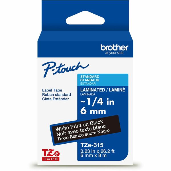 Brother Genuine P-touch TZe315 WHT on BK Label Tape, Laminated, 6mmX8m - 15/64" (6 mm) Width - Black - Laminated - Water Resistant - Durable, Abrasion Resistant, Chemical Resistant, Grease Resistant, Grime Resistant, Temperature Resistant, Fade Resistant,