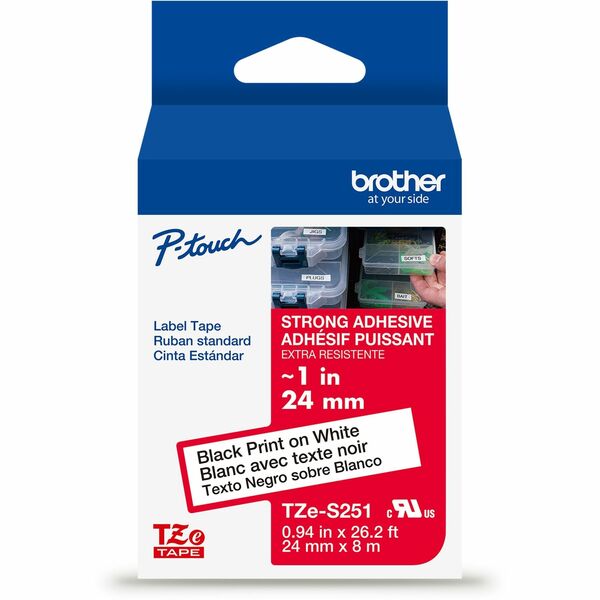 Brother Genuine P-touch TZeS251 BK on WHT Label Tape, Strong Adhesive Lam., 24mmX8m - 15/16" (24 mm) Width - White - Laminated - Water Resistant - Durable, Abrasion Resistant, Chemical Resistant, Grease Resistant, Grime Resistant, Temperature Resistant, F