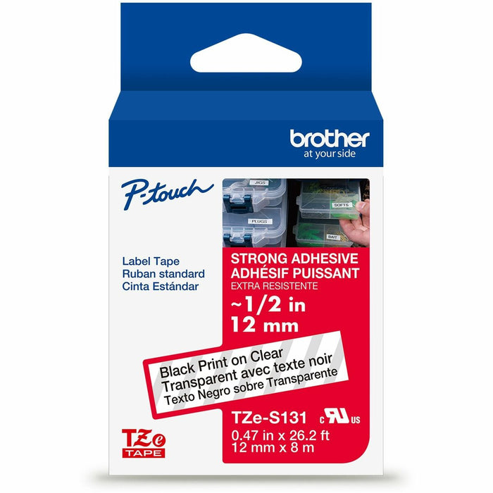 Brother Genuine P-touch TZeS131 BK on CLR Label Tape, Strong Adhesive Lam., 12mmX8m - 15/32" (12 mm) Width - Clear - Laminated - Water Resistant - 1 Each