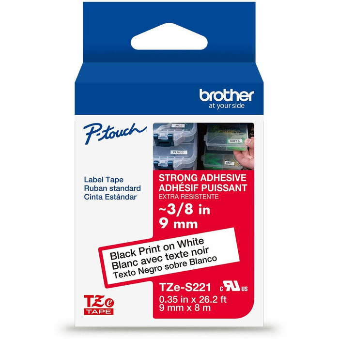 Brother Genuine P-touch TZeS221 BK on WHT Label Tape, Strong Adhesive Lam., 9mmX8m - 23/64" (9 mm) Width - White - Laminated - Water Resistant - 1 Each