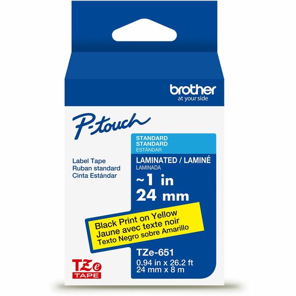 Brother Genuine P-touch TZe651 BK on YL Label Tape, Laminated, 24mmX8m - 15/16" (24 mm) Width - Yellow - Laminated - Water Resistant - Durable, Abrasion Resistant, Chemical Resistant, Grease Resistant, Grime Resistant, Temperature Resistant, Fade Resistan