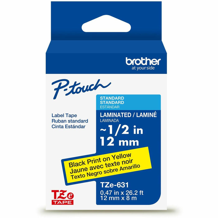 Brother Genuine P-touch TZe631 BK on YL Label Tape, Laminated, 12mmX8m - 15/32" (12 mm) Width - Yellow - Laminated - Water Resistant - 1 Each