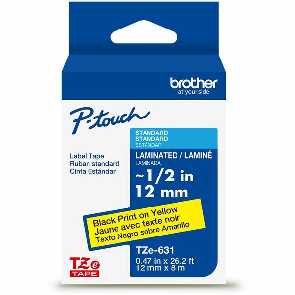 Brother Genuine P-touch TZe631 BK on YL Label Tape, Laminated, 12mmX8m - 15/32" (12 mm) Width - Yellow - Laminated - Water Resistant - 1 Each