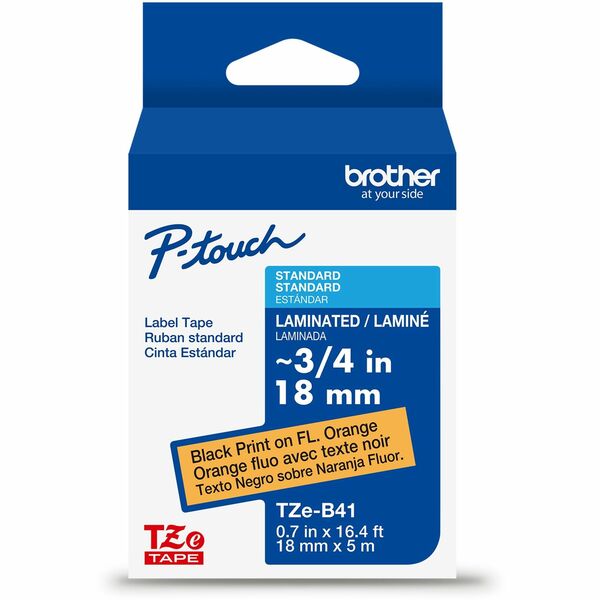 Brother Genuine P-touch TZeB41 BK on FLUOR ORG Label Tape, Laminated, 18mmX5m - 45/64" (18 mm) Width - Fluorescent Orange - Laminated - Water Resistant - 1 Each