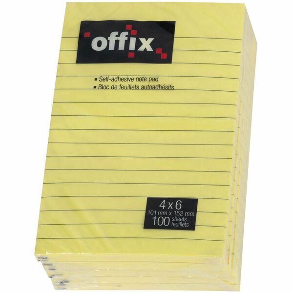 Offix Note Pad - 100 x Yellow - 4" (101.60 mm) Flag/Note Width x 6" (152.40 mm) Flag/Note Length - 100 Sheets per Pad - Ruled - Yellow - Self-adhesive - 5 / Pack