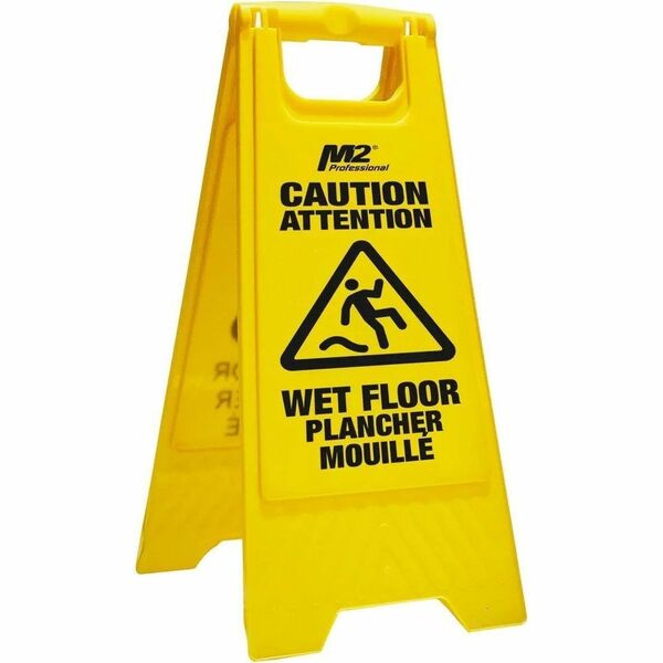 M2 Professional 24" Economy Caution Wet Floor Sign - English / French - English, French - Print/Message "Caution Wet Floor" - 12.52" (318 mm) Width x 28.50" (724 mm) Height - Floor - Double Sided - Heavy Duty, Durable, Foldable - Safety - Plastic - Bright
