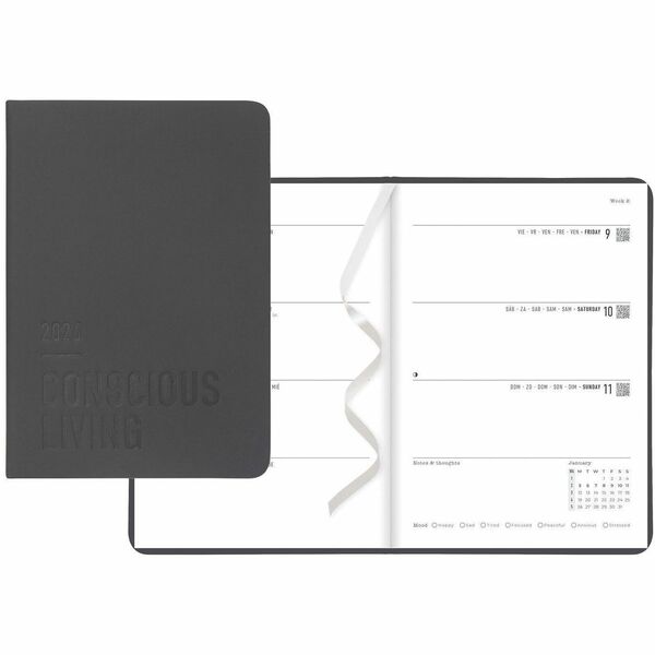 Letts Conscious Evergreen Weekly/Monthly Planner, 8-1/4" x 5-7/8" , Multilingual, Slate - Weekly - 12 Month - January 2026 to December 2026 - Black - 1 Each