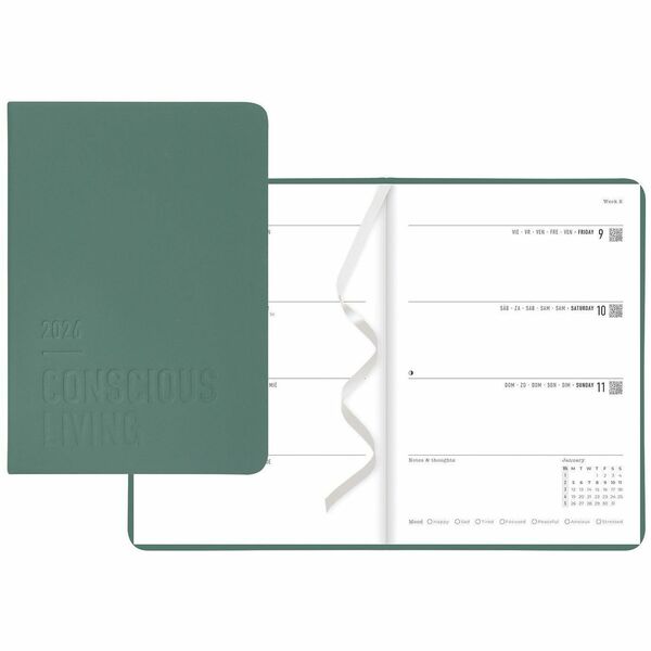 Letts Conscious Evergreen Weekly/Monthly Planner, 8-1/4" x 5-7/8" , Multilingual, Pine - Weekly - 12 Month - January 2026 to December 2026 - Green - 1 Each