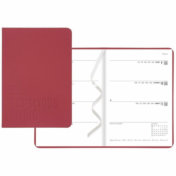 Letts Conscious Evergreen Weekly/Monthly Planner, 8-1/4" x 5-7/8" , Multilingual, Berry - Weekly - 12 Month - January 2026 to December 2026 - Red - 1 Each