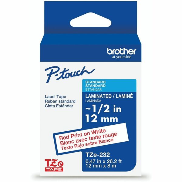 Brother Genuine P-touch TZe232 RD on WHT Label Tape, Laminated, 12mmX8m - x 15/32" (12 mm) Width - White - Polyethylene Terephthalate (PET) - Water Resistant - Laminated - 1 Each