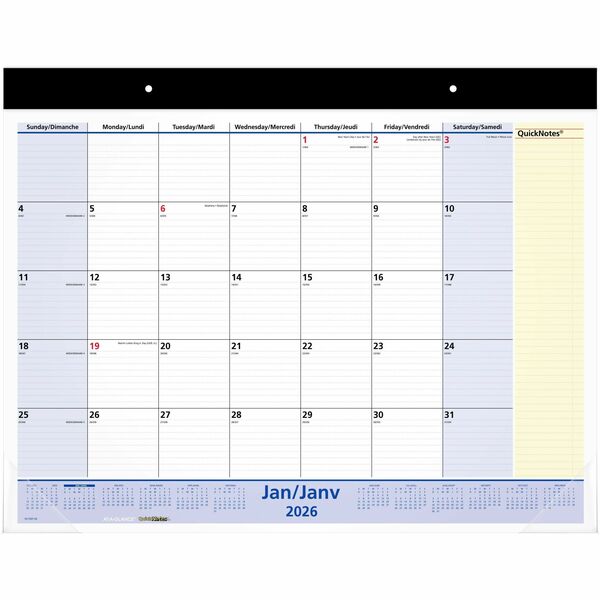 At-A-Glance QuickNotes Monthly Desk Pad Calendar, 21-3/4" x 17" , Bilingual - Monthly - 13 Month - January 2026 to January 2027 - 1 Month Single Page Layout - 21 3/4" (552.45 mm) x 17" (431.80 mm) Sheet Size - 2.50" (63.50 mm) x 2.63" (66.68 mm) Block - H