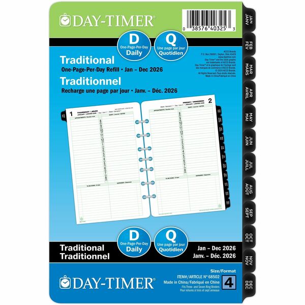 DayTimer 1 Page Per Day Planner Refill, Desk Size, 8-1/2" x 5-1/2" , Bilingual - Desk - Daily - 12 Month - January 2026 to December 2026 - 8:00 AM to 8:00 PM - Hourly - 1 Day Single Page Layout - 5 1/2" (139.70 mm) x 8 1/2" (215.90 mm) Sheet Size - 7 x Ho