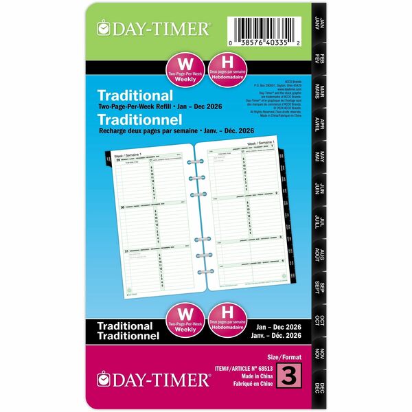 DayTimer 2 Pages Per Week Planner Refill, Portable Size, 6-3/4" x 3-3/4" , Bilingual - Weekly - 12 Month - January 2026 to December 2026 - 8:00 AM to 5:00 PM - Hourly - Monday - Friday, 8:00 AM to 12:00 PM - Hourly - Saturday - Sunday - 1 Week Double Page
