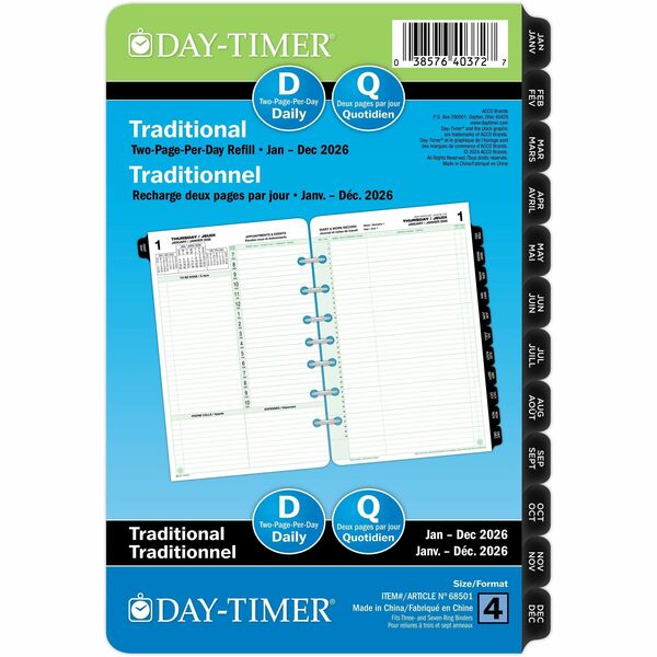DayTimer 2 Pages Per Day Planner Refill, Desk Size, 8-1/2" x 5-1/2" , Bilingual - Folio/Desk - Daily - 12 Month - January 2026 to December 2026 - 7:00 AM to 10:00 PM - Hourly - 1 Day Double Page Layout - 5 1/2" (139.70 mm) x 8 1/2" (215.90 mm) Sheet Size