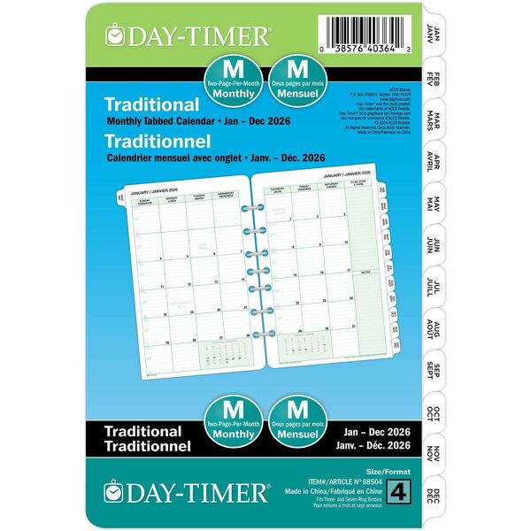 DayTimer 2 Pages Per Month Planner Refill, Desk Size, 8-1/2" x 5-1/2" , Bilingual - Desk - Monthly - 12 Month - January 2026 to December 2026 - 1 Month Double Page Layout - 5 1/2" (139.70 mm) x 8 1/2" (215.90 mm) Sheet Size - 7 x Holes - Desk - Green - Pa