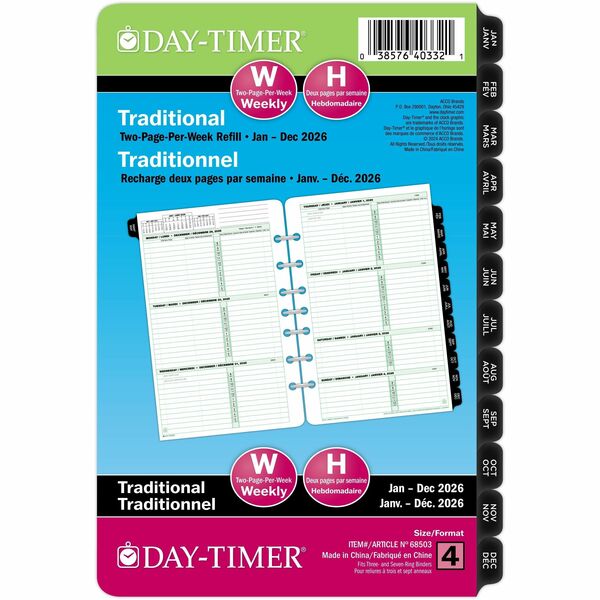 DayTimer 2 Pages Per Week Planner Refill, Desk Size, 8-1/2" x 5-1/2" , Bilingual - Desk - Weekly - 12 Month - January 2026 to December 2026 - 8:00 AM to 12:00 PM - Hourly - Saturday - Sunday, 8:00 AM to 5:00 PM - Hourly - Monday - Friday - 1 Week Double P