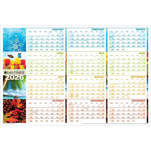 DayTimer Seasons Yearly Laminated Reversable Wall Calendar, 24" x 36" , English/French - Yearly, Monthly - 12 Month - January 2026 to December 2026 - 36" (914.40 mm) x 23 7/8" (606.42 mm) Sheet Size - 1.10" (27.94 mm) x 1.40" (35.56 mm), 1" (25.40 mm) Blo