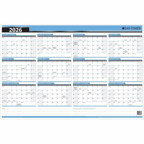 DayTimer Yearly Laminated Reversable Wall Calendar, 24" x 36" , Bilingual - Yearly, Monthly, Weekly - 12 Month - January 2026 to December 2026 - 36" (914.40 mm) x 24" (609.60 mm) Sheet Size - Wall Mount - Blue - Paper Cover - Reversible, Flexible, Write o