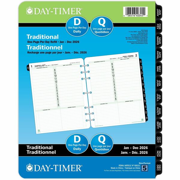 DayTimer 1 Page Per Day Planner Refill, Folio Size, 11" x 8-1/2" , Bilingual - Folio - Daily - 12 Month - January 2026 to December 2026 - 8:00 AM to 8:00 PM - Hourly - 1 Day Single Page Layout - Letter - 8 1/2" (215.90 mm) x 11" (279.40 mm) Sheet Size - G